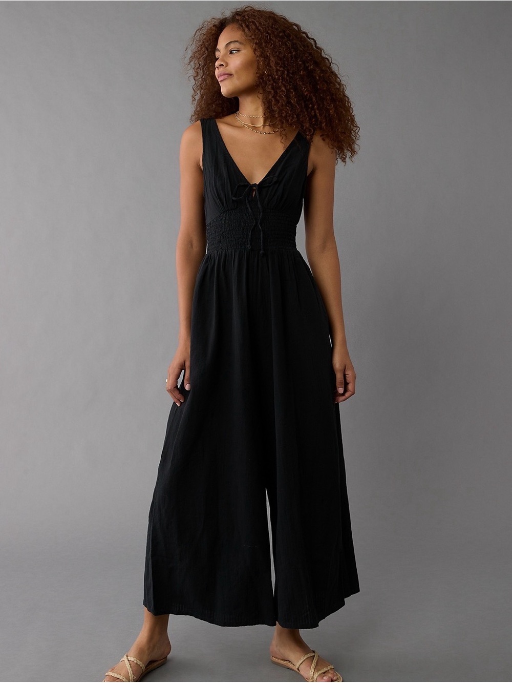 American Eagle Outfitters Black V-Neck Wide-Leg Jumpsuit